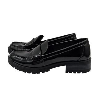 Old Navy Black Patent Chunky Lug Sole Loafers Women's Size 9 1 1/2" Heel